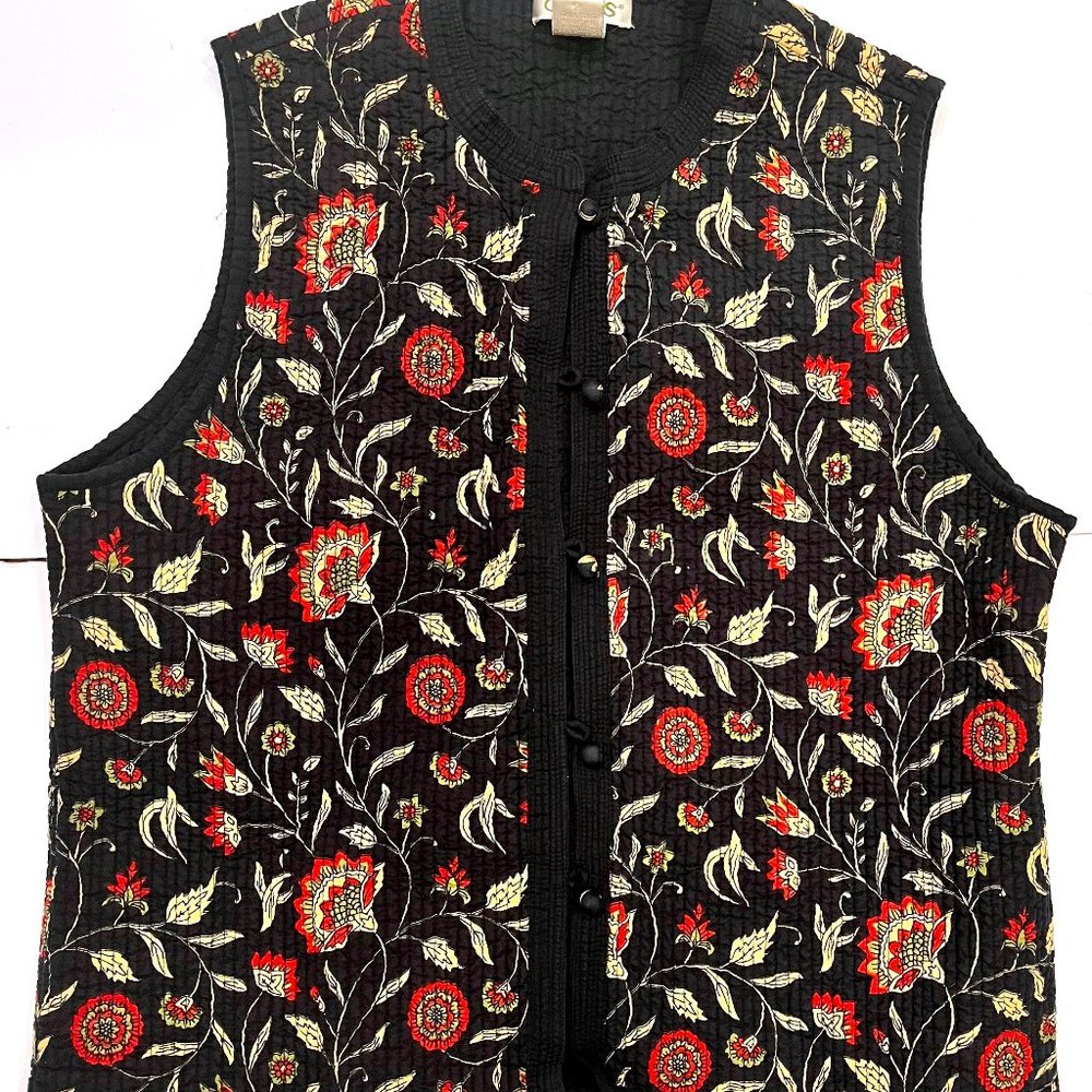 Orvis Women's Quilted Waistcoat Vest Black Indian Batik Block Print L Reversible